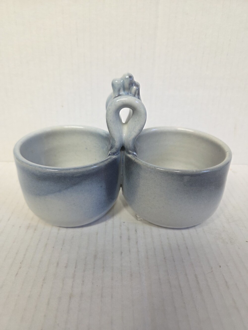 Vintage Blue Spongeware Ceramic Double Salt Cellar Pinch Pot Rooster Handle